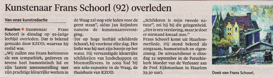 Persbericht | Kunstenaar Frans Schoorl (92) overleden